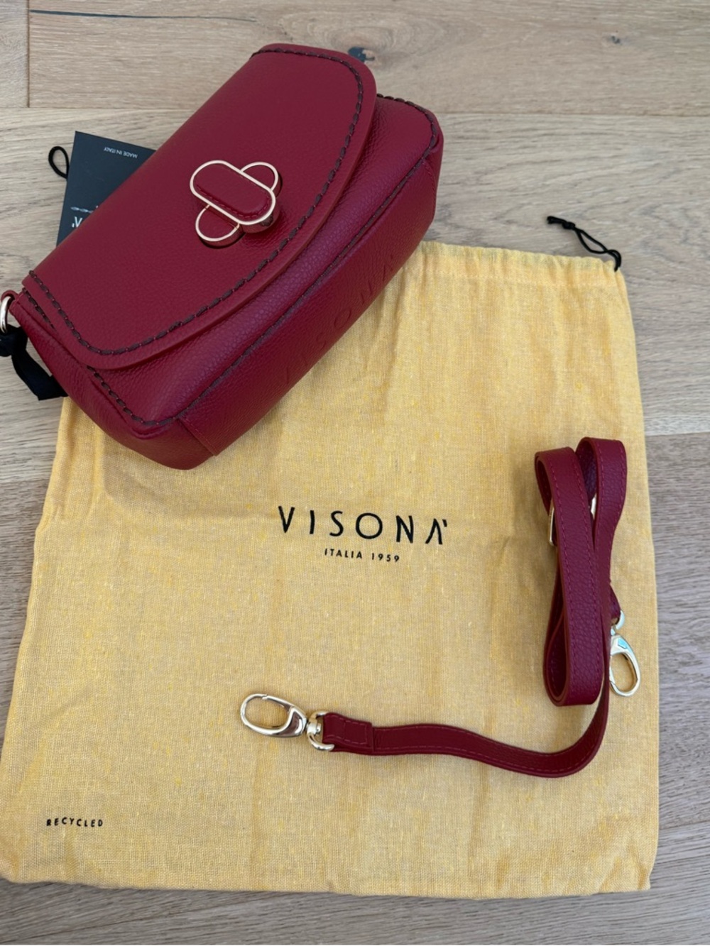 Plinio Visona Italia Red Leather Crossbody Bag Gold Hardware Turn Lock NWT
